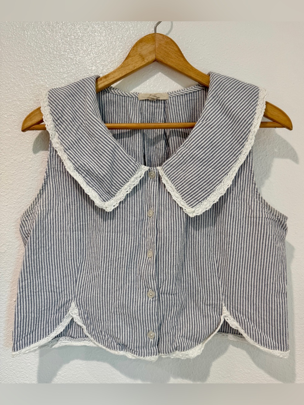 Blue White Striped Prairie Coquette Scallop Lace Trim Sailor Collar Crop Tank L